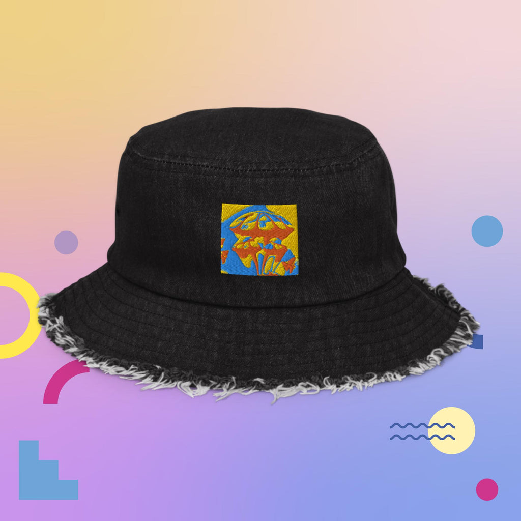 Mushrooms - Distressed denim bucket hat